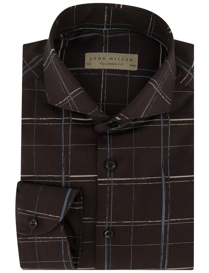John Miller overhemd mouwlengte 7 John Miller Tailored Fit normale fit bruin geruit katoen