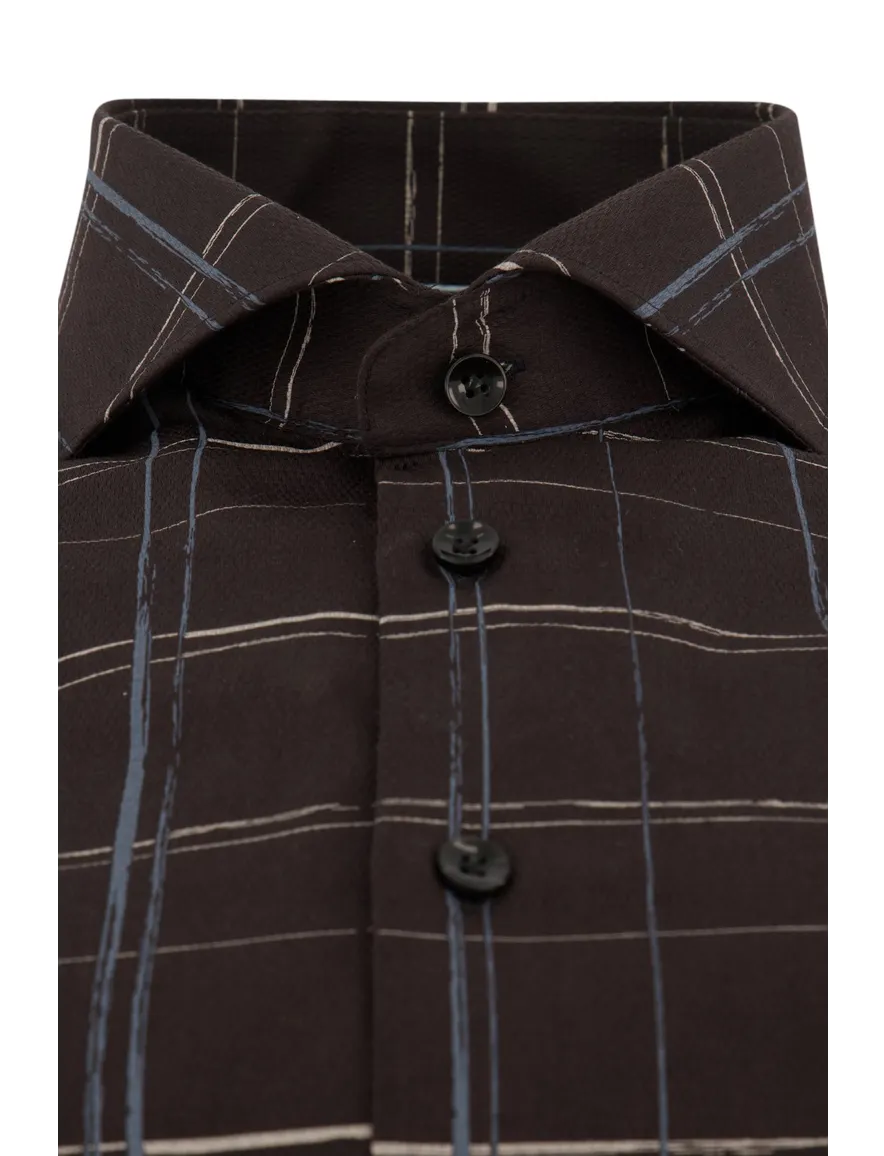 John Miller overhemd mouwlengte 7 John Miller Tailored Fit normale fit bruin geruit katoen