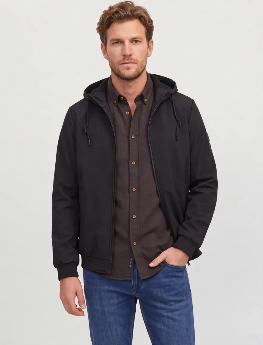 Jack & Jones winterjas zwart effen rits wijde fit