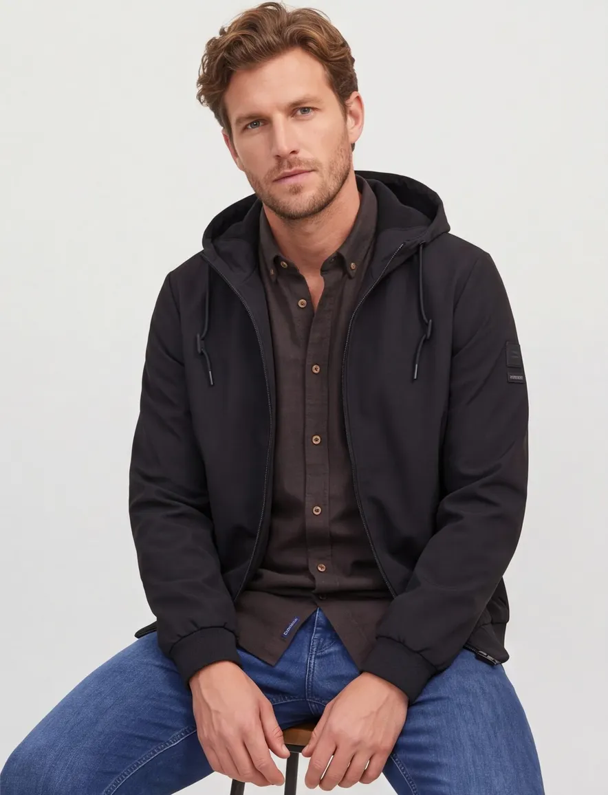 Jack & Jones winterjas zwart effen rits wijde fit