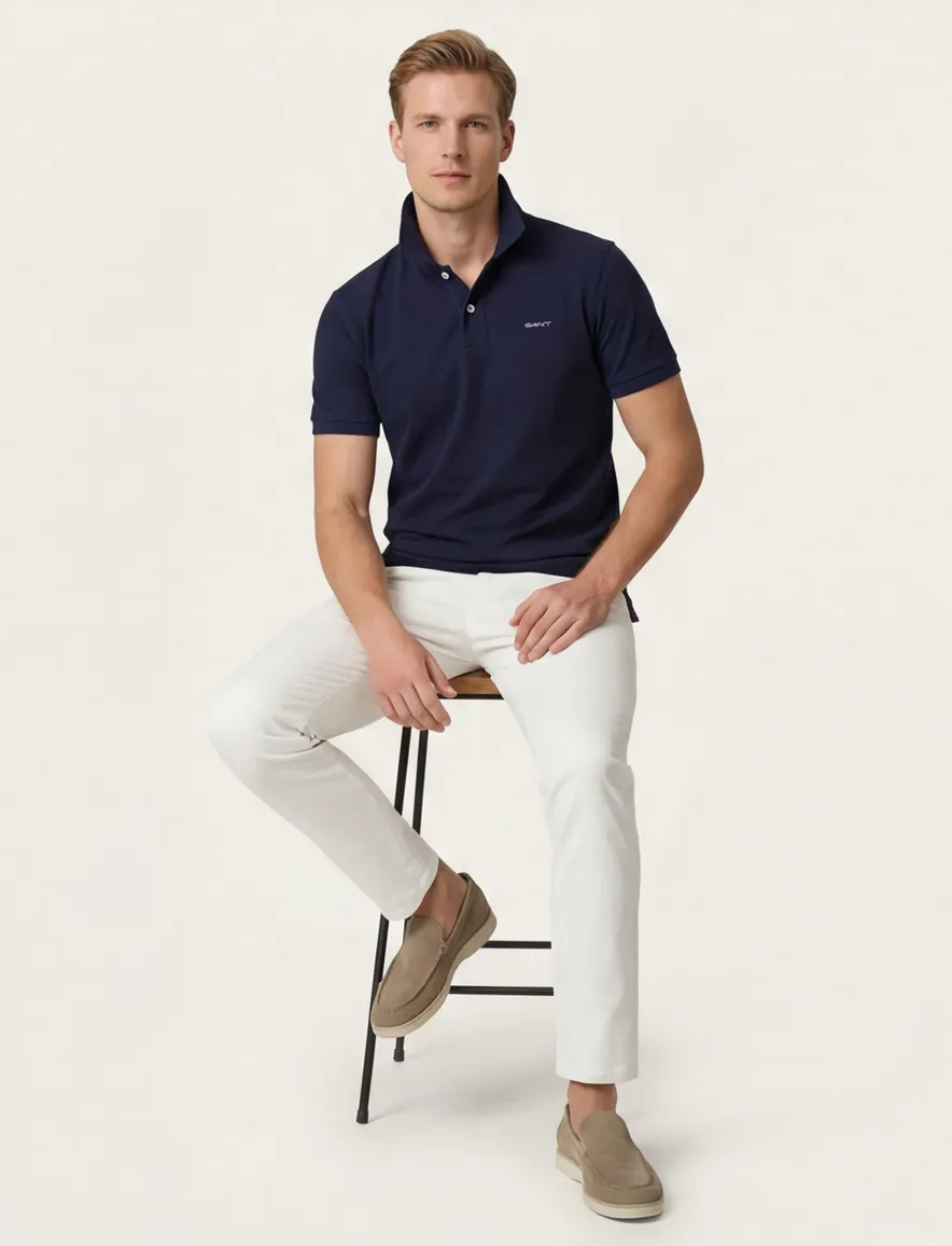 polo Gant donkerblauw effen katoen wijde fit