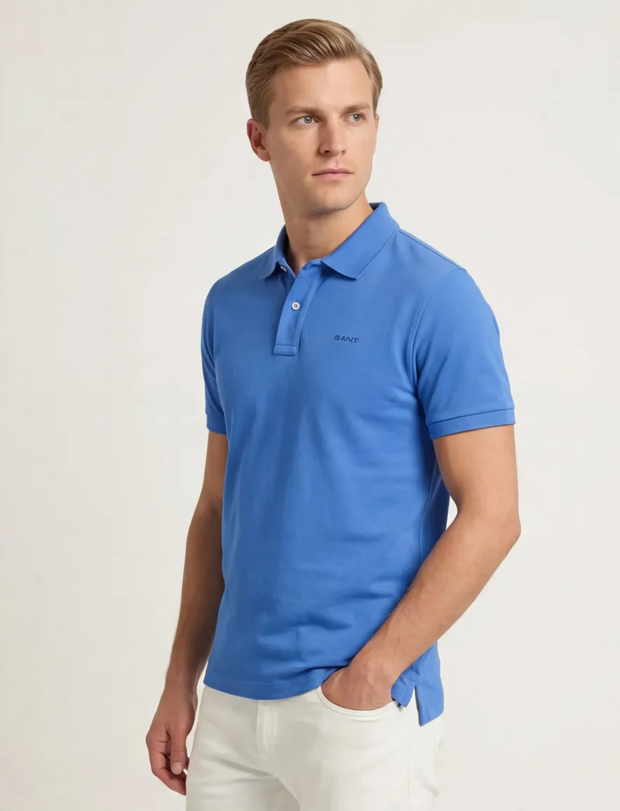 polo Gant blauw effen katoen wijde fit