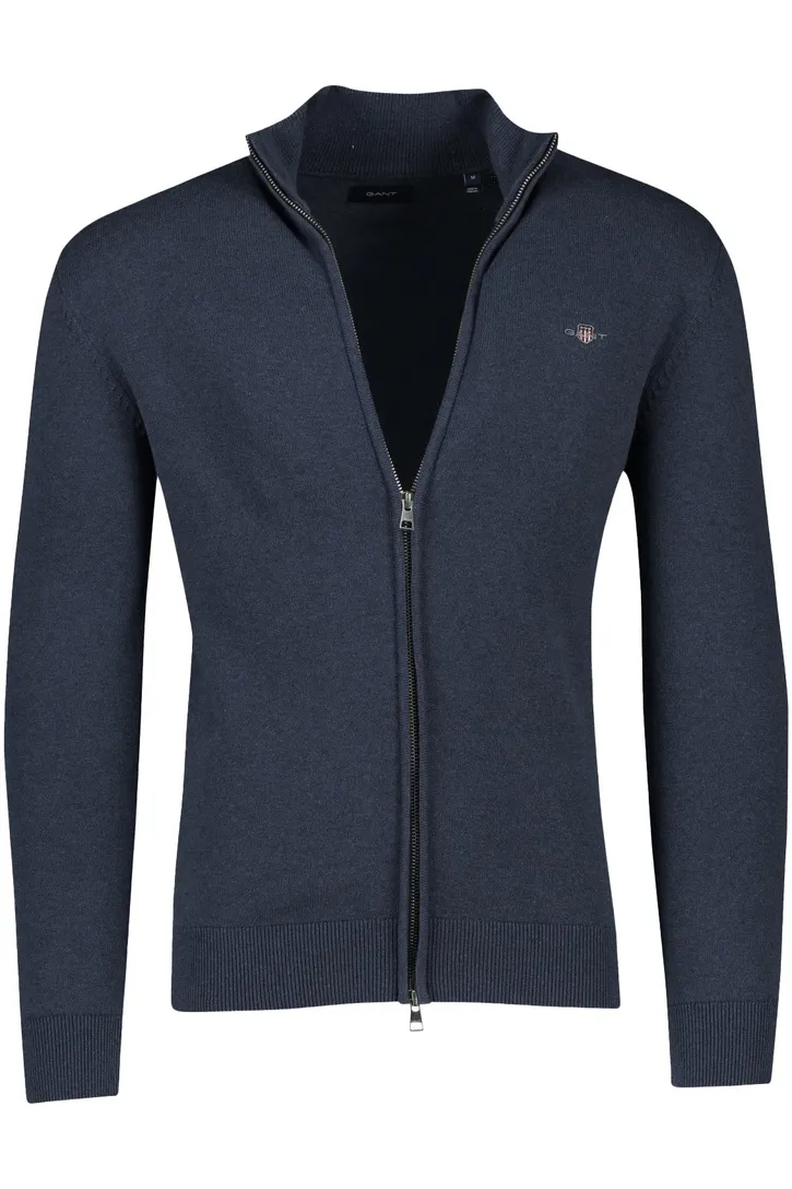 Gant vest donkerblauw effen met logo katoen opstaande kraag rits