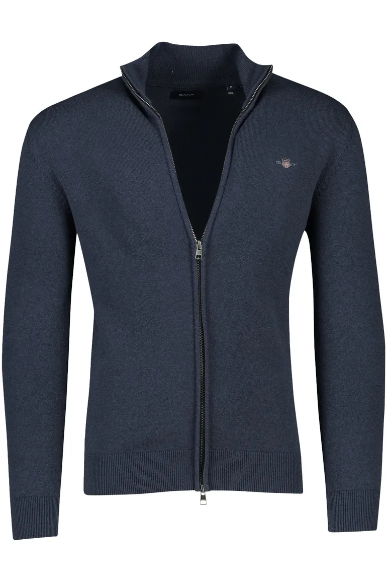 Gant vest opstaande kraag donkerblauw rits met logo effen katoen