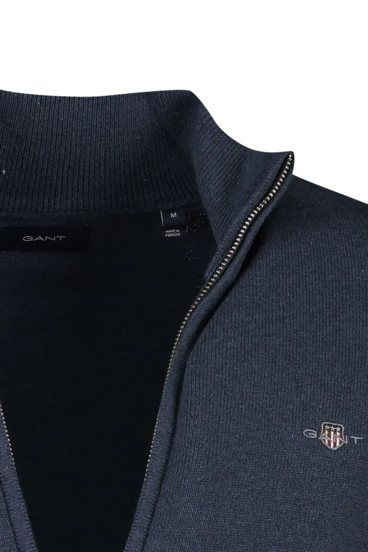 Gant vest donkerblauw effen met logo katoen opstaande kraag rits