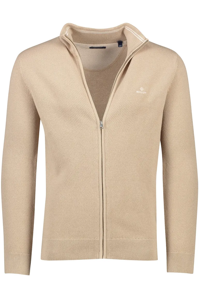 Gant vest opstaande kraag beige rits effen katoen met logo