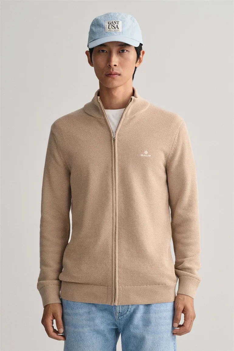 Gant vest opstaande kraag beige rits effen katoen met logo