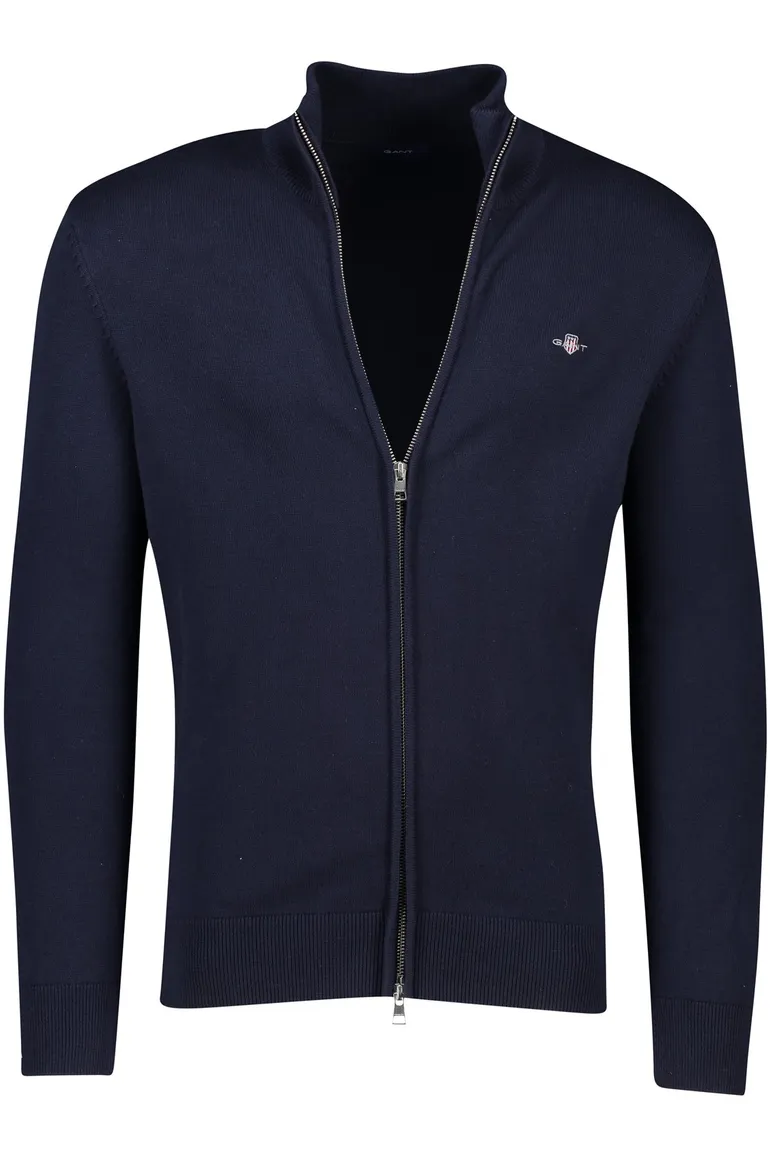vest Gant donkerblauw effen katoen opstaande kraag rits