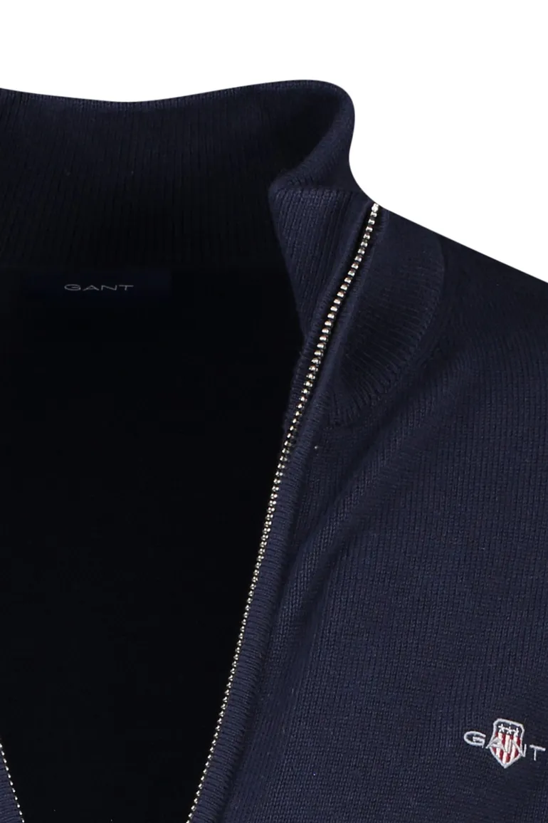 vest Gant donkerblauw effen katoen opstaande kraag rits