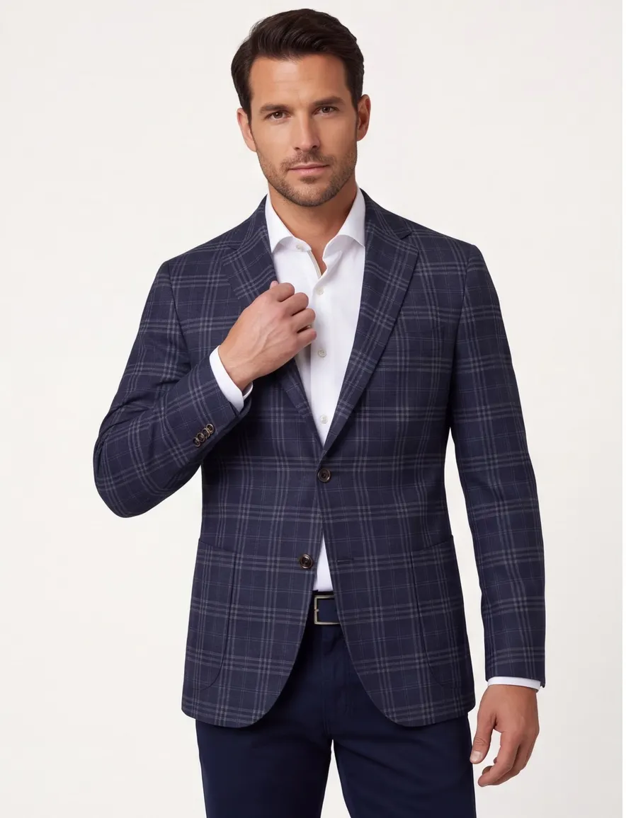 Dressler colbert Sendrik donkerblauw geruit zakken wol slim fit