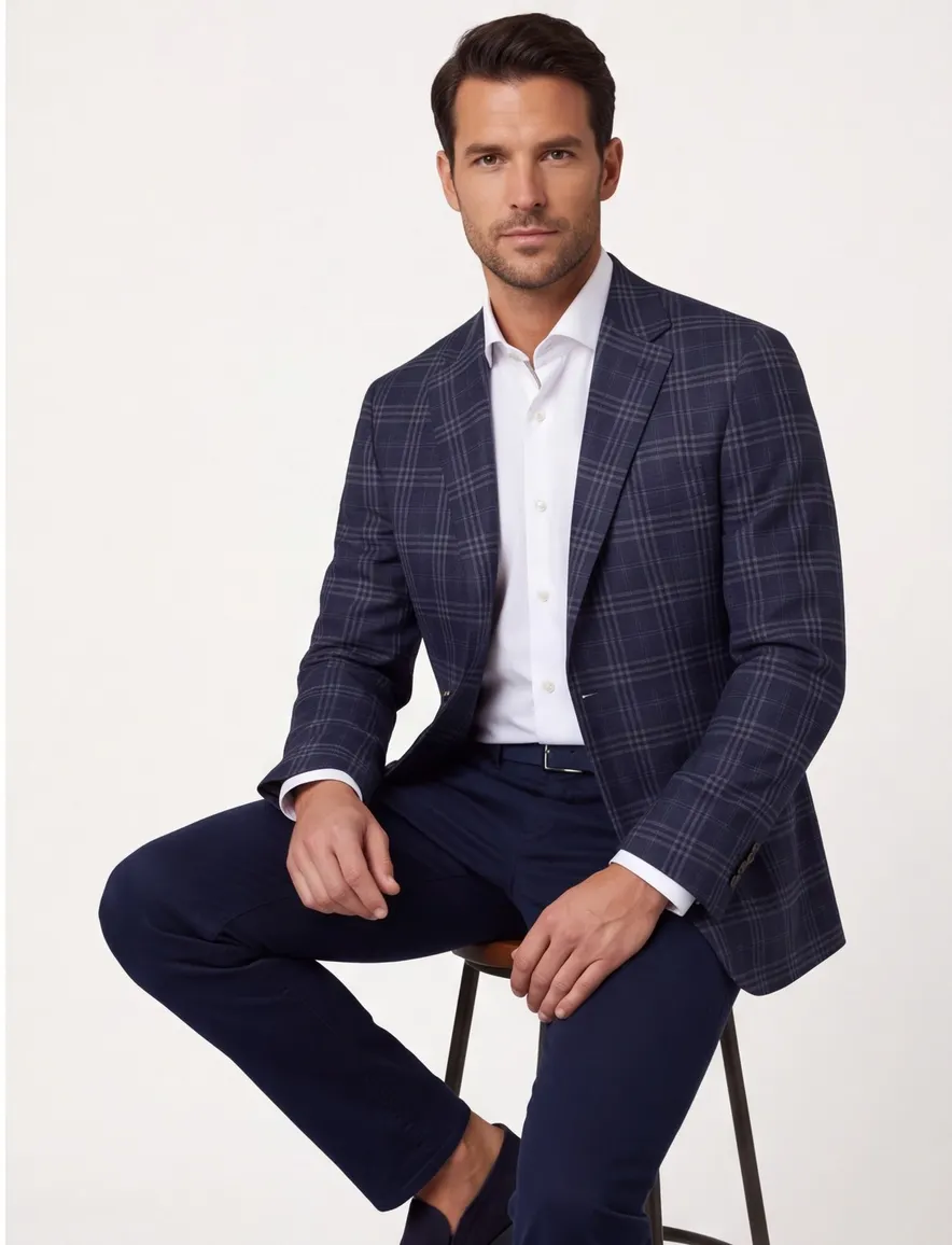 Dressler colbert Sendrik donkerblauw geruit zakken wol slim fit