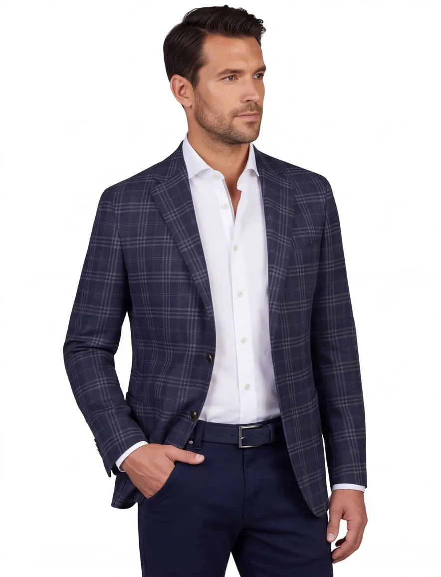 Dressler colbert Sendrik donkerblauw geruit zakken wol slim fit