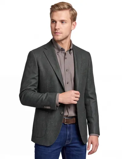 Dressler Dressler colbert Sendrik groen gemêleerd wol slim fit