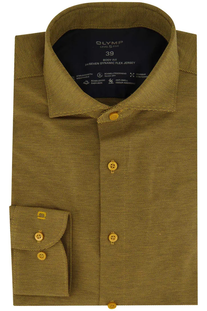 Olymp 24 seven business overhemd Level Five geel geprint katoen extra slim fit