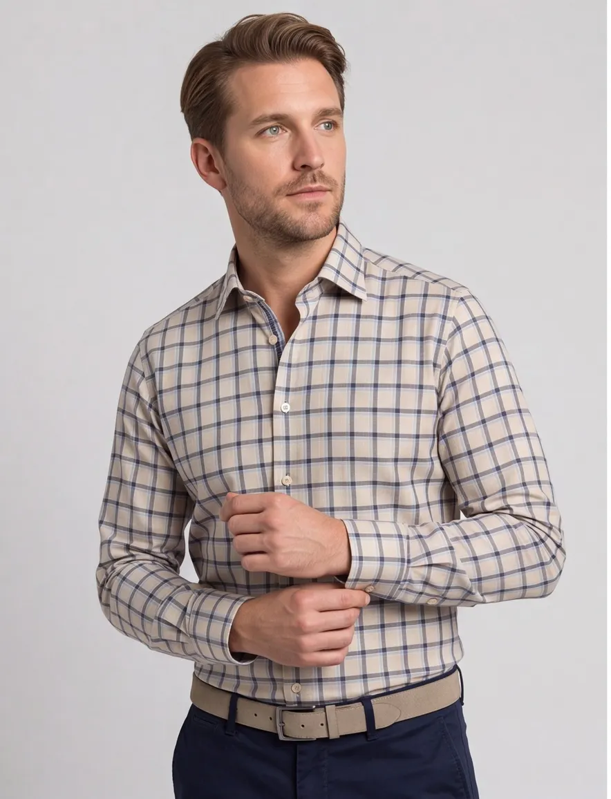 business overhemd Olymp Level Five beige geruit katoen extra slim fit