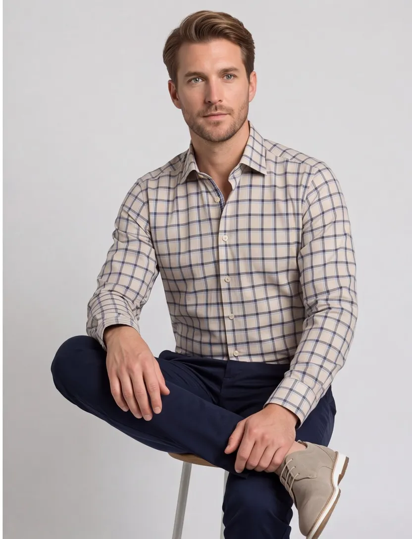 Olymp business overhemd Level Five beige geruit katoen extra slim fit body fit