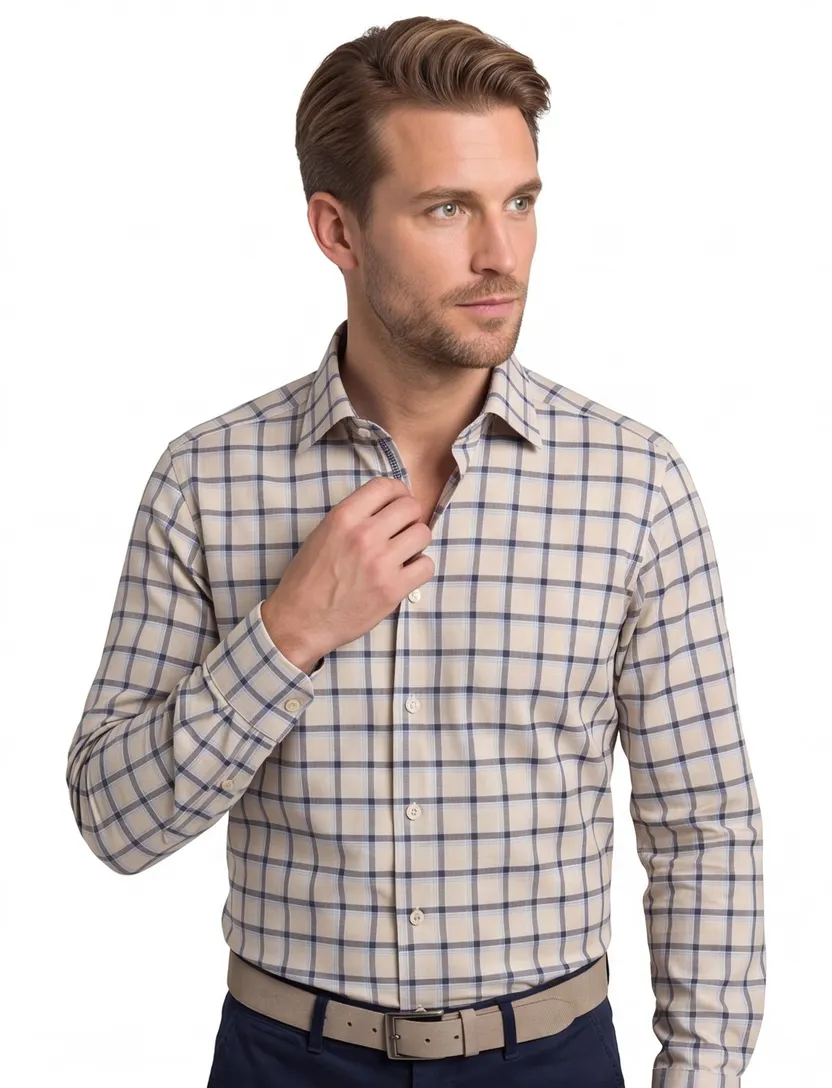Olymp business overhemd Level Five beige geruit katoen extra slim fit body fit