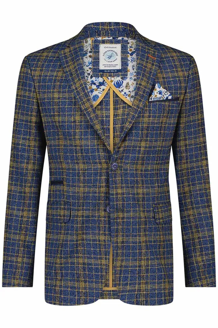 A Fish Named Fred colbert linnen slim fit blauw geel geruit