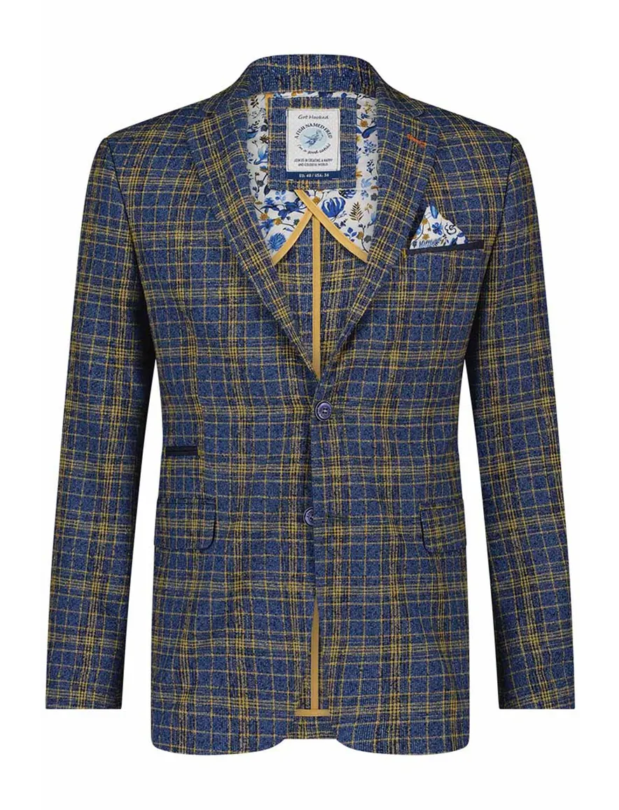 colbert A Fish Named Fred linnen slim fit blauw geruit