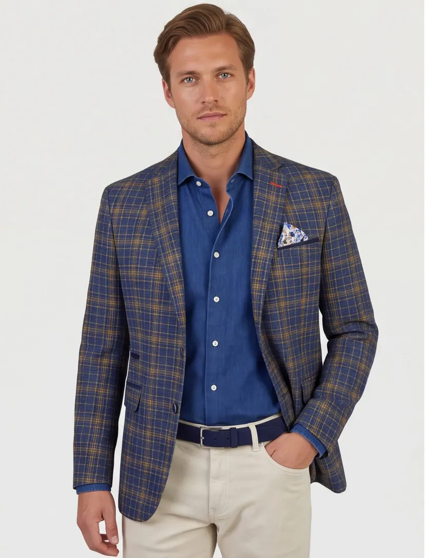 A Fish Named Fred colbert linnen slim fit blauw geel geruit