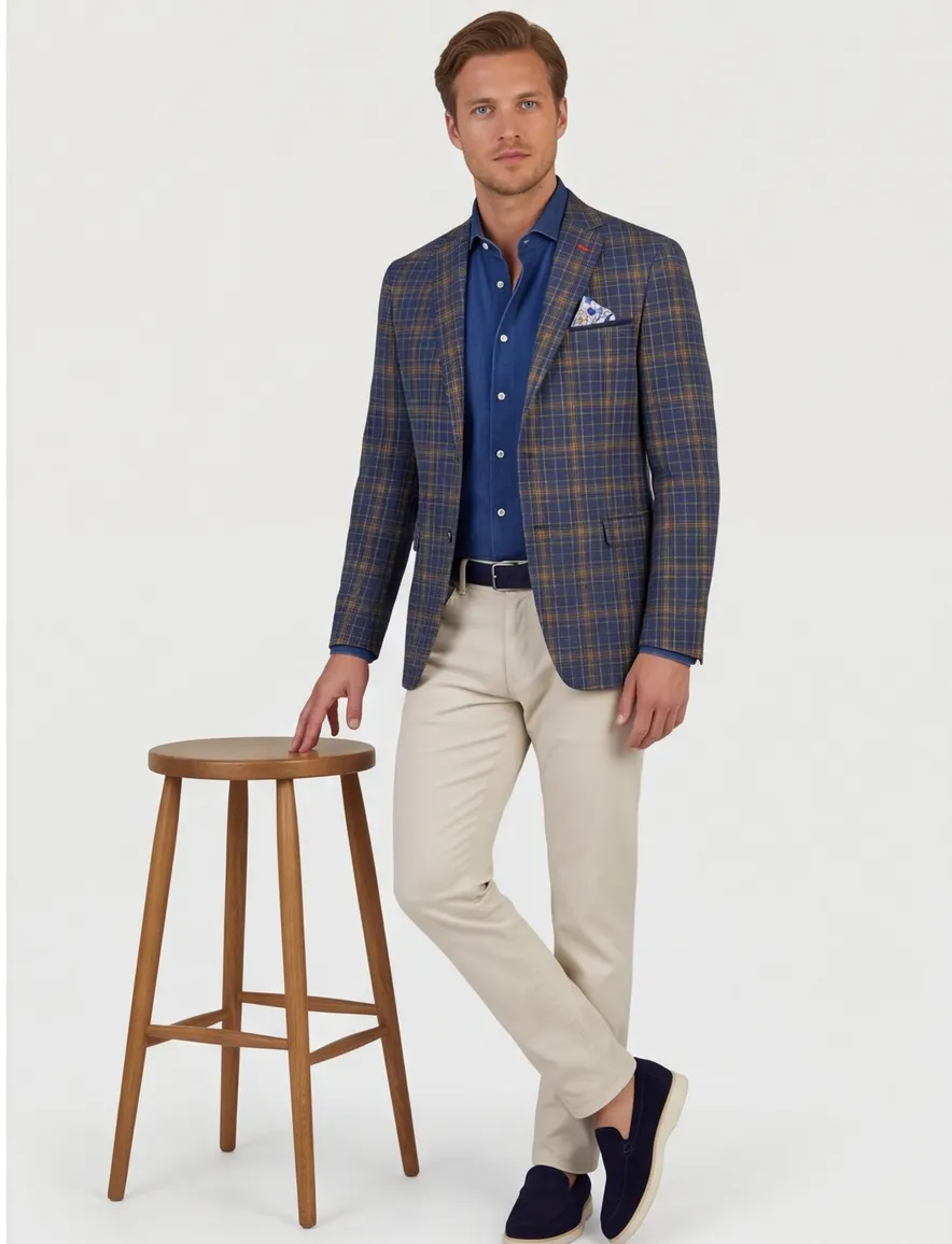 colbert A Fish Named Fred linnen slim fit blauw geruit