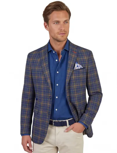 A Fish Named Fred A Fish Named Fred colbert blauw met ruiten linnen slim fit