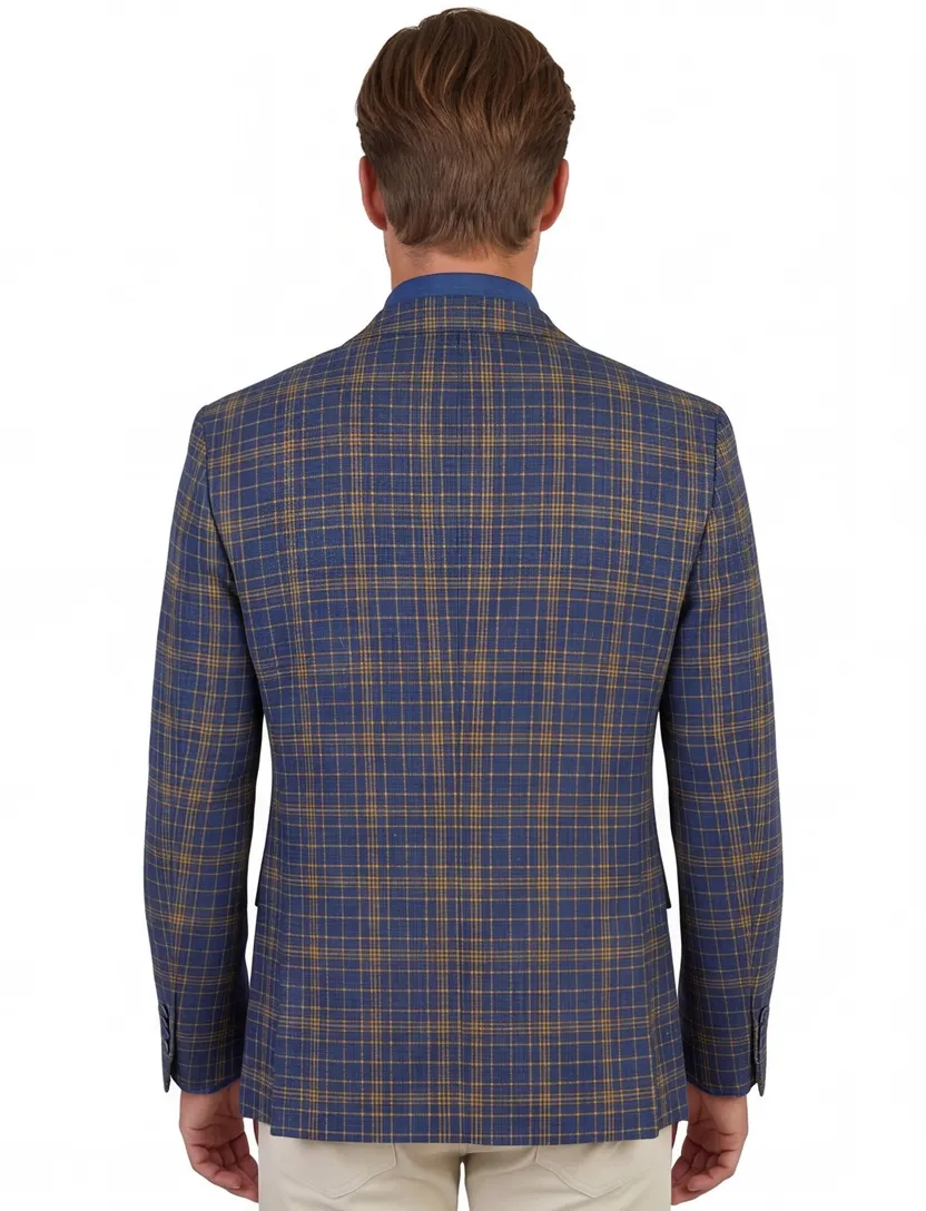 A Fish Named Fred colbert linnen slim fit blauw geel geruit