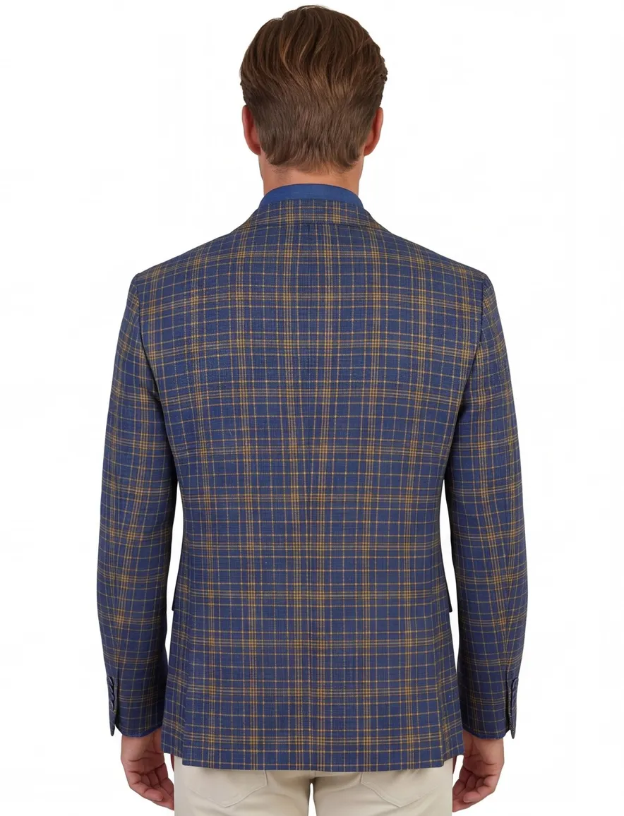 colbert A Fish Named Fred linnen slim fit blauw geruit