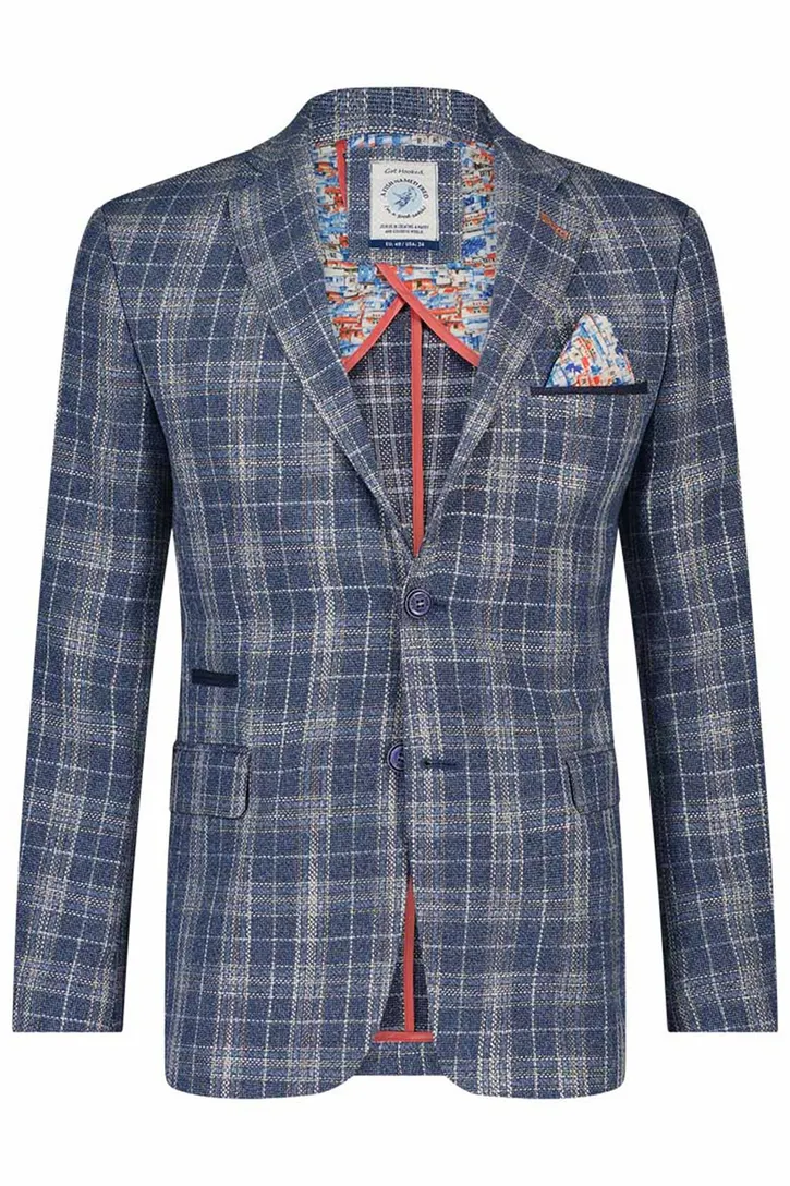 A Fish Named Fred colbert linnen slim fit blauw ruiten
