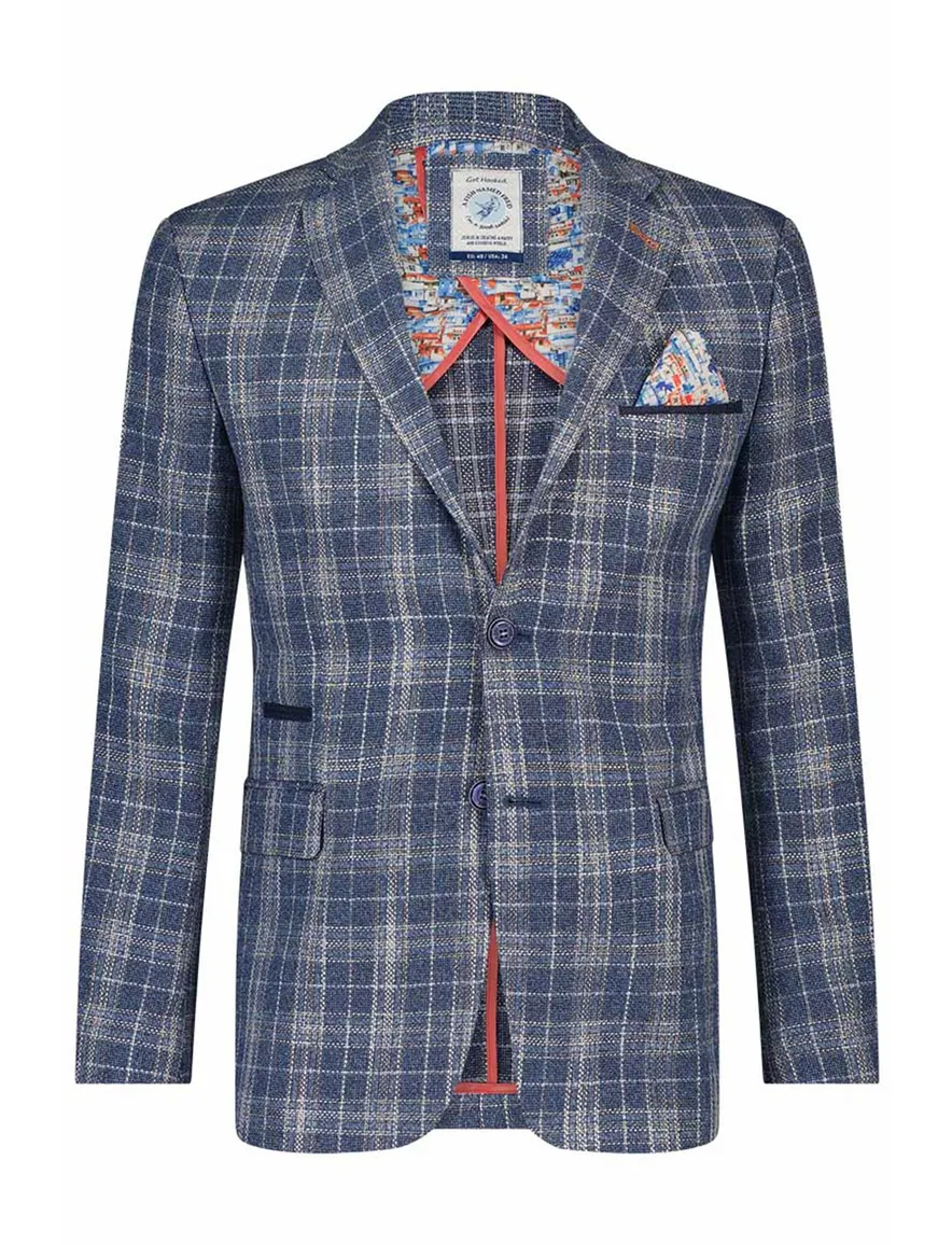 colbert A Fish Named Fred linnen slim fit donkerblauw geruit