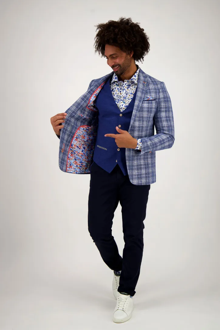 A Fish Named Fred colbert linnen slim fit blauw ruiten