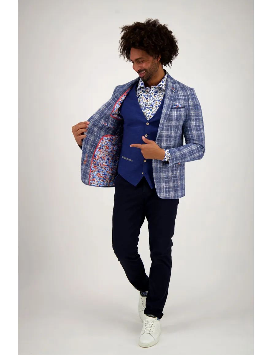 colbert A Fish Named Fred linnen slim fit donkerblauw geruit