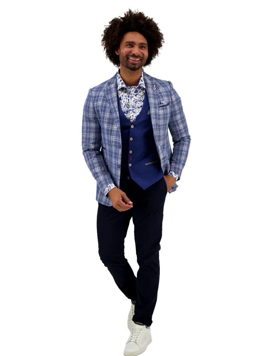 colbert A Fish Named Fred linnen slim fit donkerblauw geruit