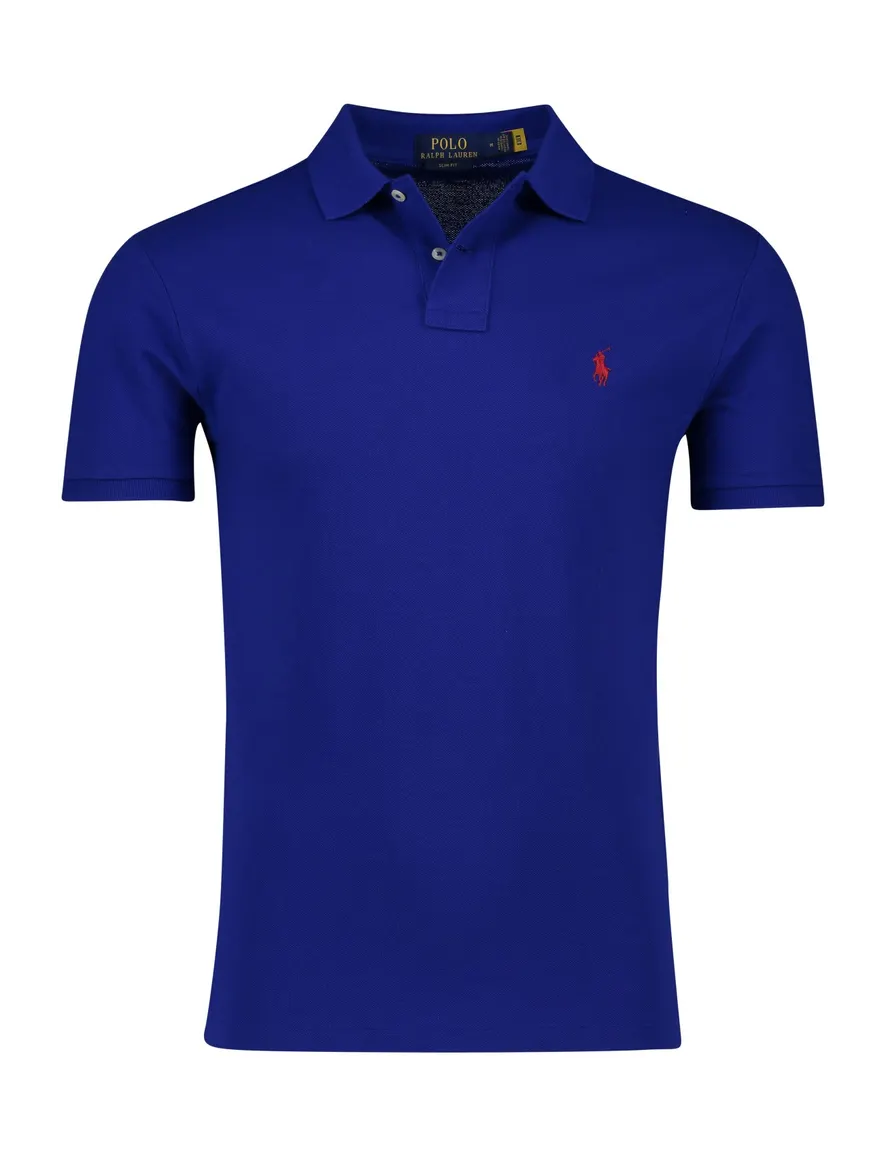 Polo Ralph Lauren polo slim fit blauw met rood logo effen katoen