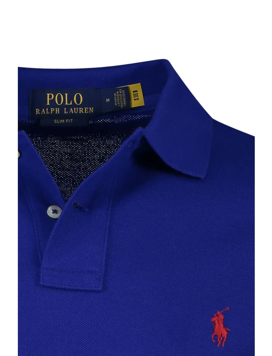 Polo Ralph Lauren polo slim fit blauw met rood logo effen katoen