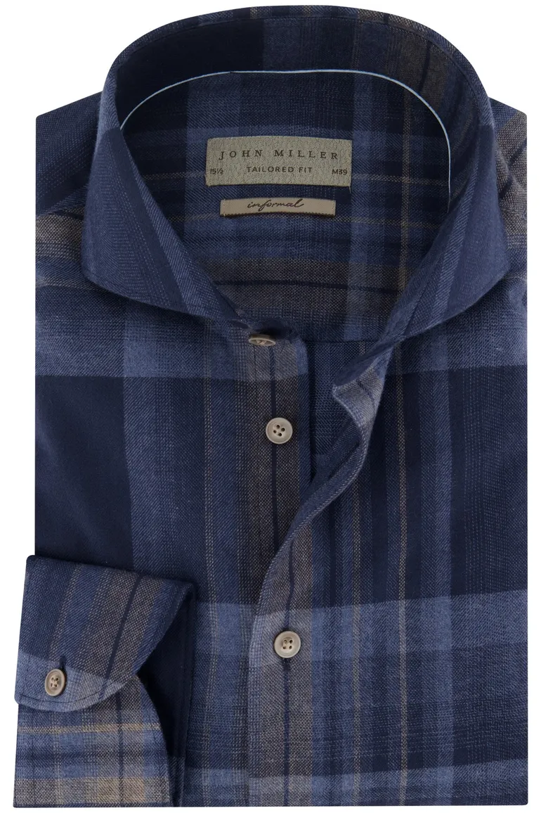 John Miller overhemd tailored fit donkerblauw geruit katoen