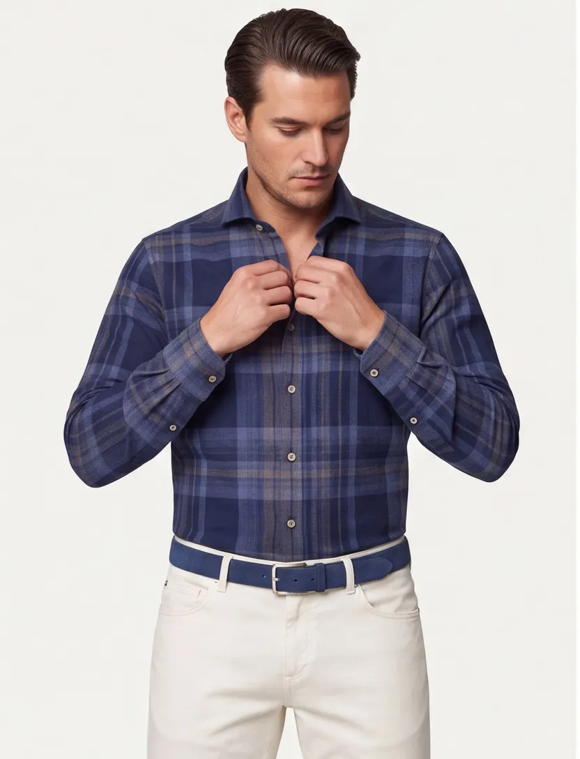 John Miller business overhemd John Miller Tailored Fit normale fit donkerblauw geruit katoen