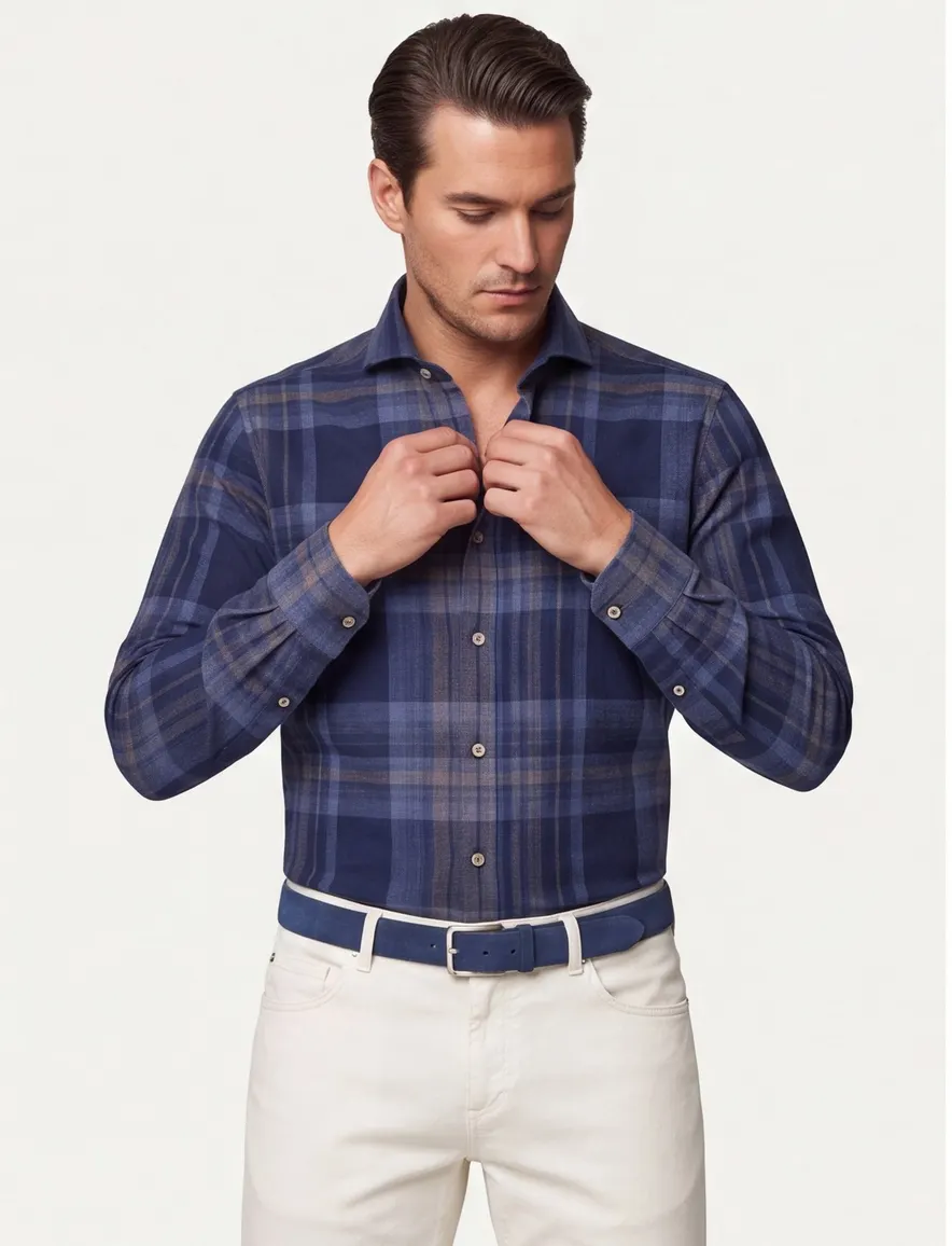 John Miller business overhemd John Miller Tailored Fit normale fit donkerblauw geruit katoen