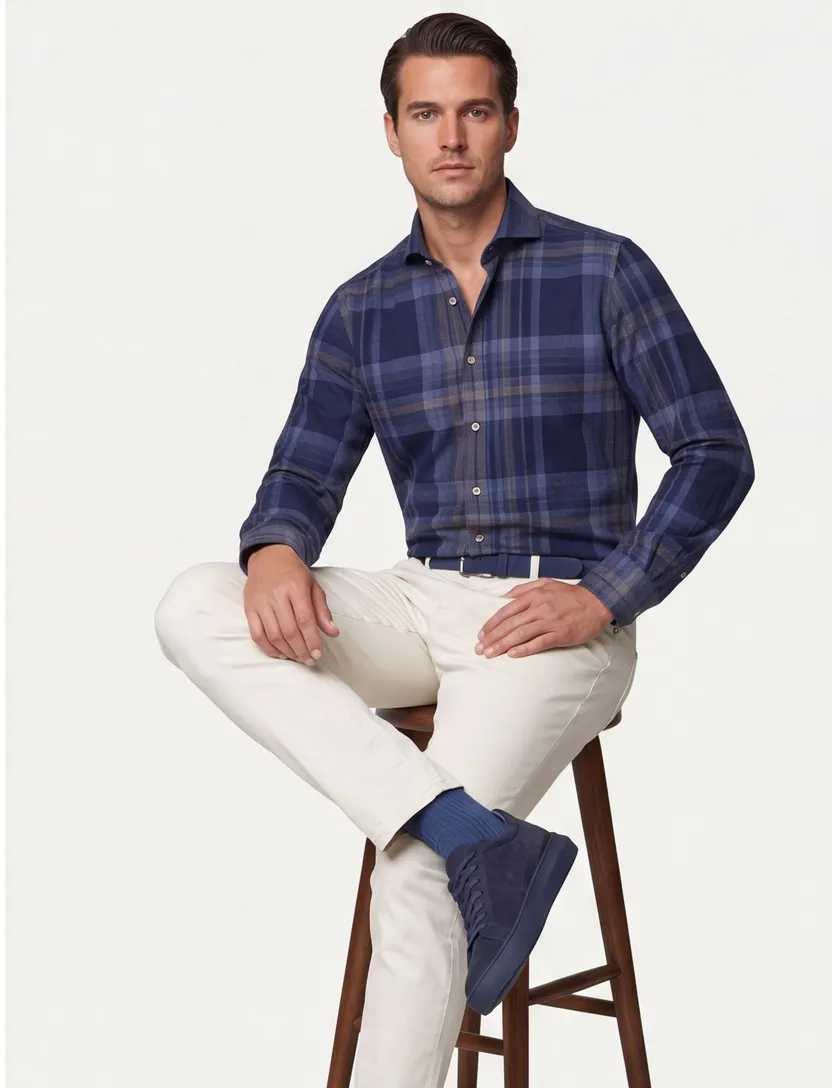 John Miller business overhemd John Miller Tailored Fit normale fit donkerblauw geruit katoen