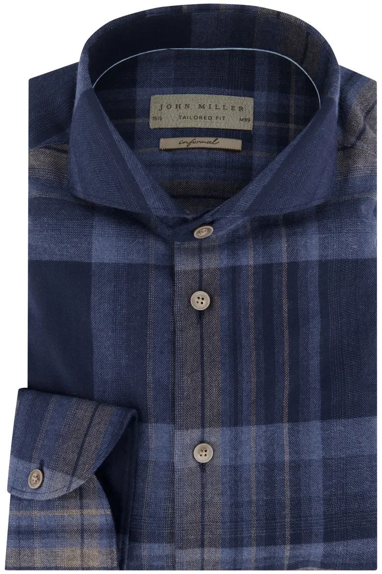 John Miller overhemd tailored fit donkerblauw geruit katoen