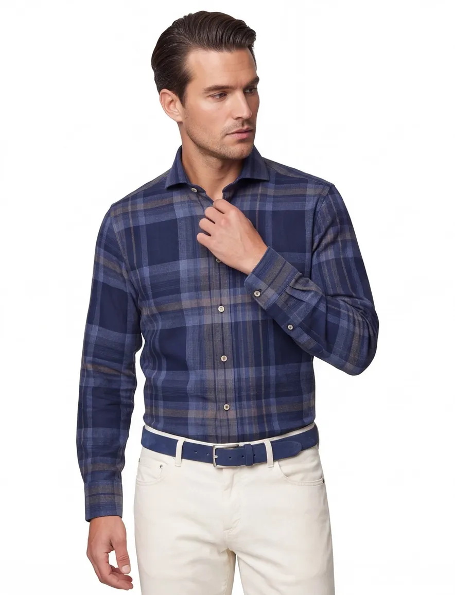 John Miller business overhemd John Miller Tailored Fit normale fit donkerblauw geruit katoen