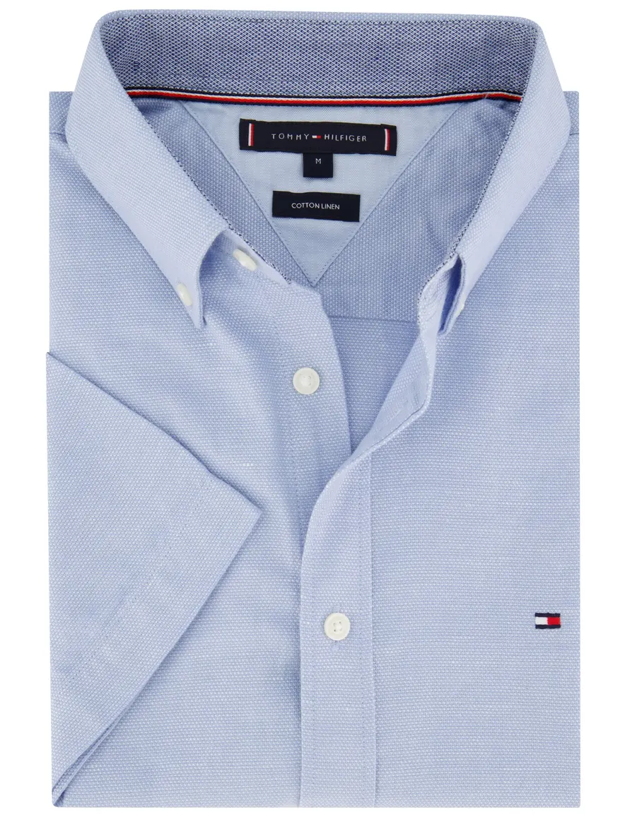 Effen blauw Tommy Hilfiger casual overhemd korte mouw normale fit
