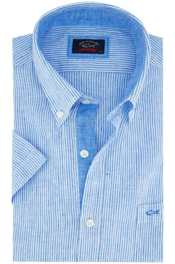 Paul & Shark Paul & Shark casual overhemd korte mouw wijde fit blauw wit gestreept linnen