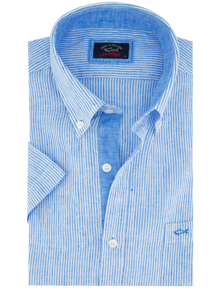 Paul & Shark casual overhemd korte mouw wijde fit blauw wit gestreept linnen