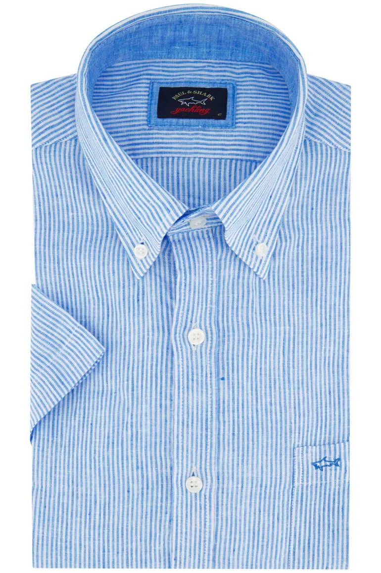 Paul & Shark casual overhemd korte mouw wijde fit blauw wit gestreept linnen