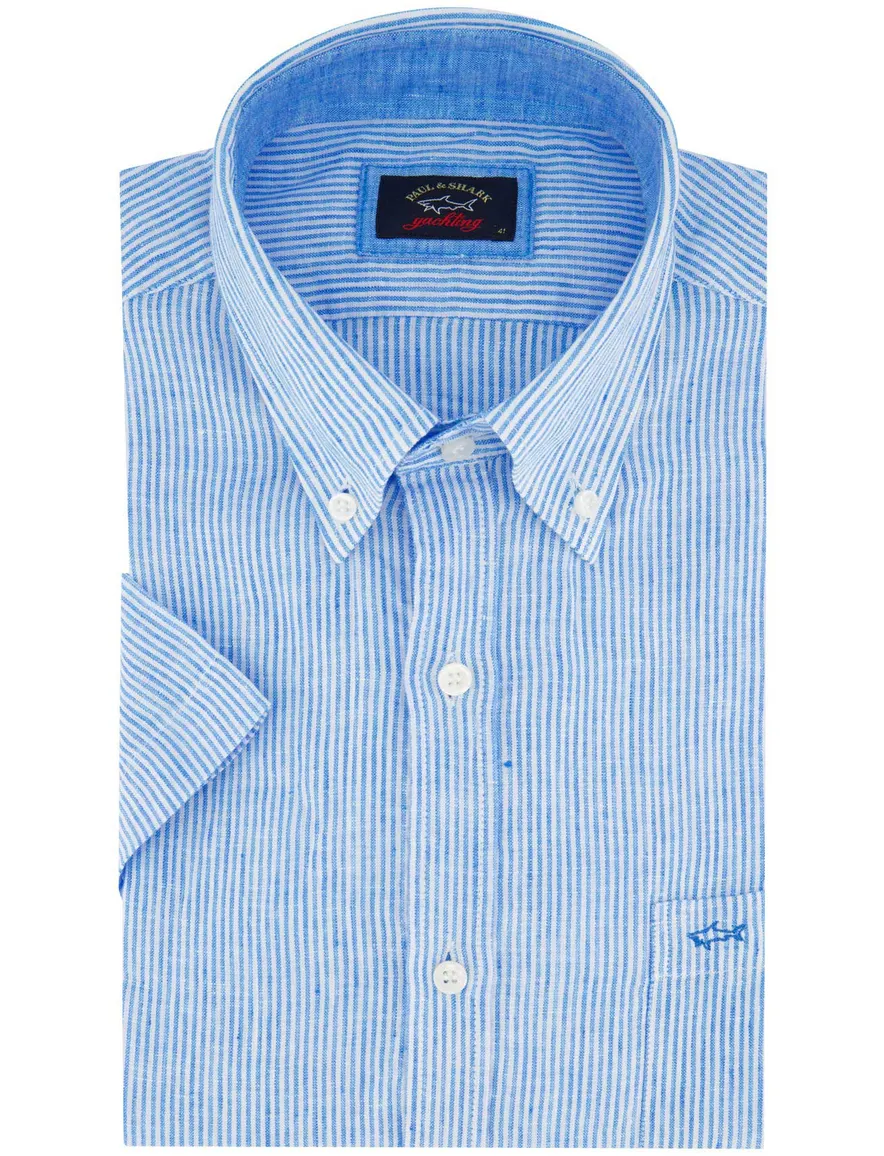 Paul & Shark casual overhemd korte mouw wijde fit blauw wit gestreept linnen