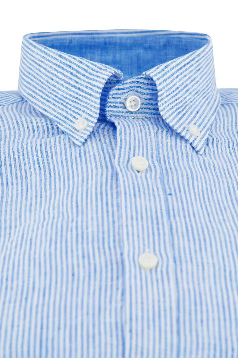Paul & Shark casual overhemd korte mouw wijde fit blauw wit gestreept linnen