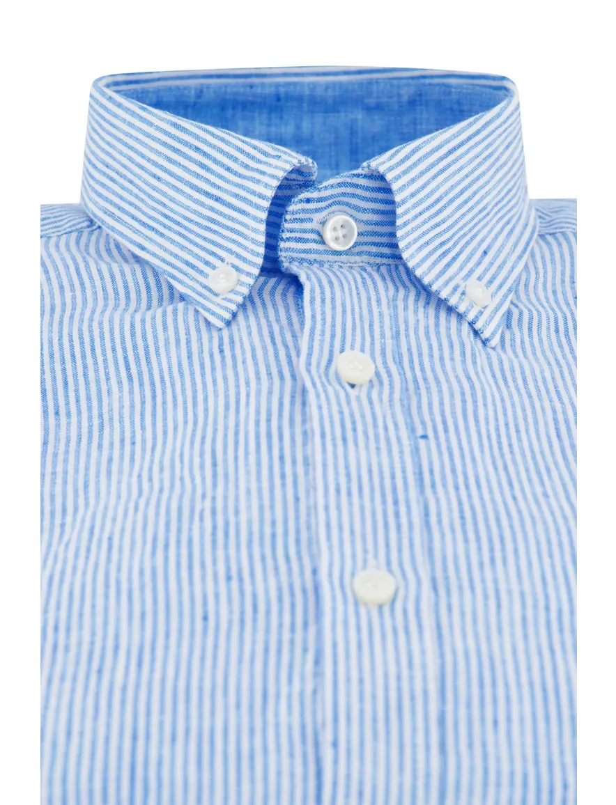 Paul & Shark casual overhemd korte mouw wijde fit blauw wit gestreept linnen