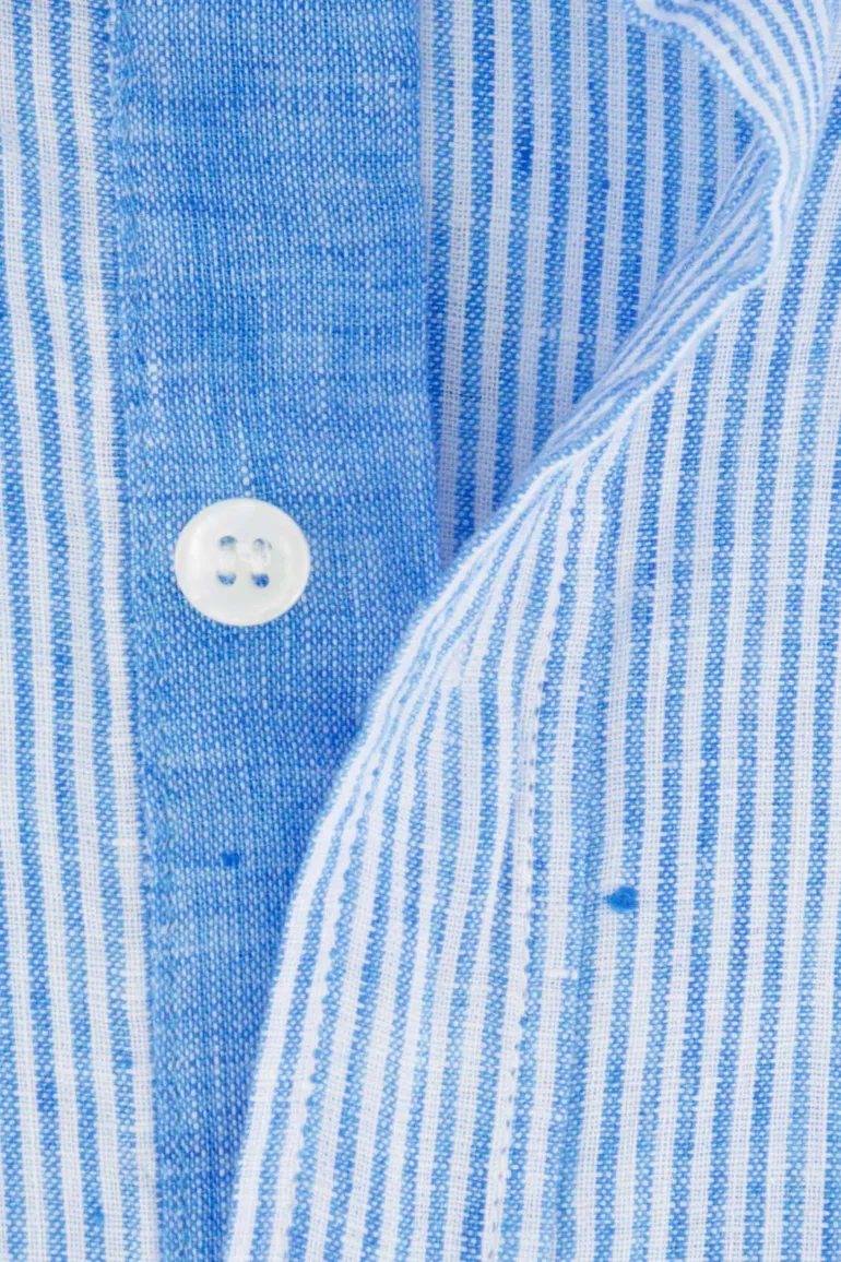 Paul & Shark casual overhemd korte mouw wijde fit blauw wit gestreept linnen
