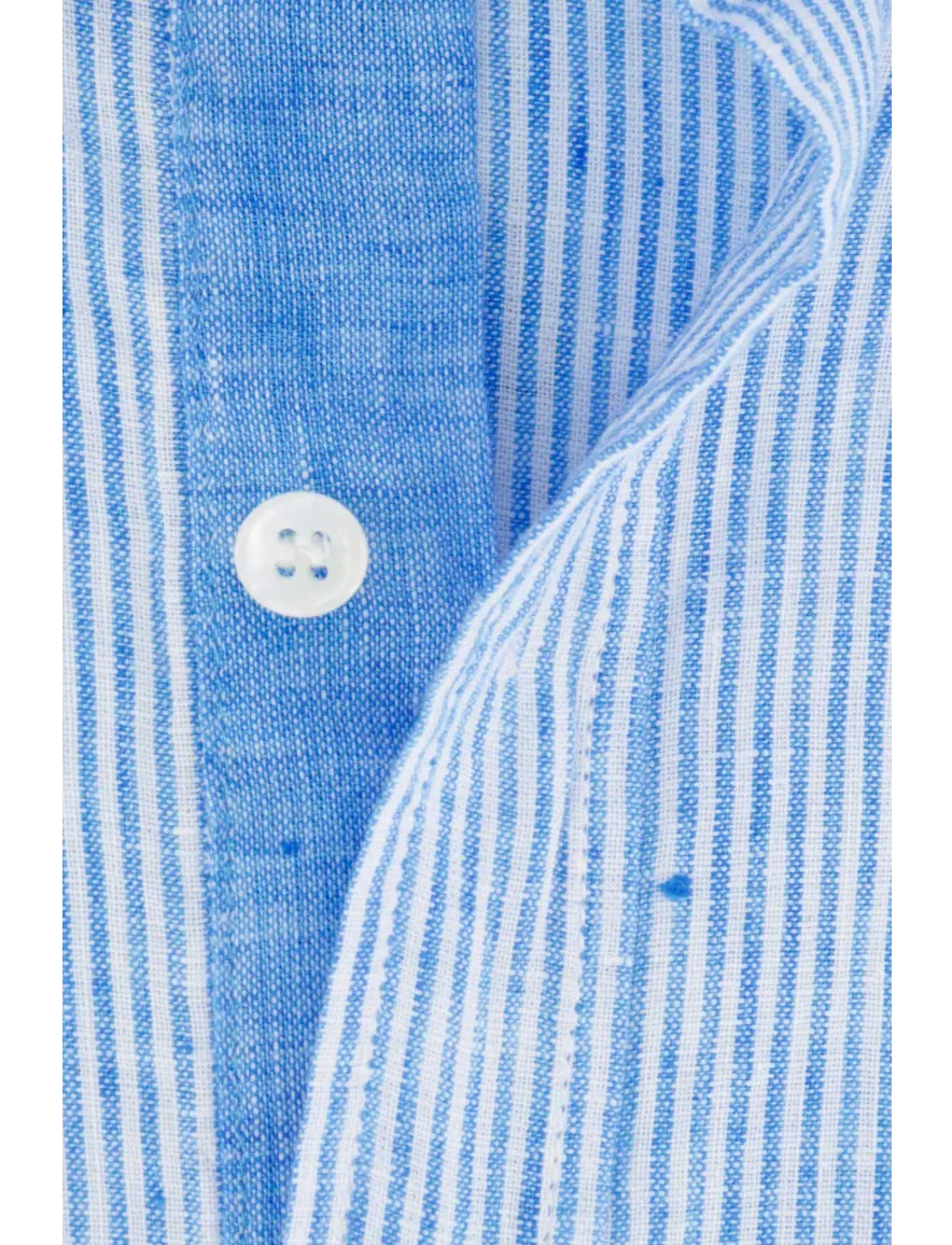 Paul & Shark casual overhemd korte mouw wijde fit blauw wit gestreept linnen